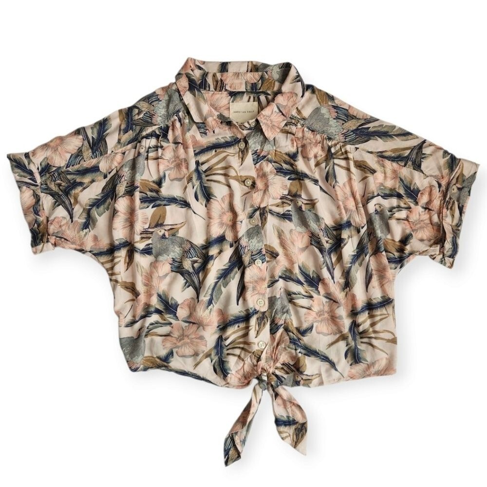 American Eagle Women's Floral Crop Tops Size M Button Down Oversized Fit Blouse - Picture 2 of 12